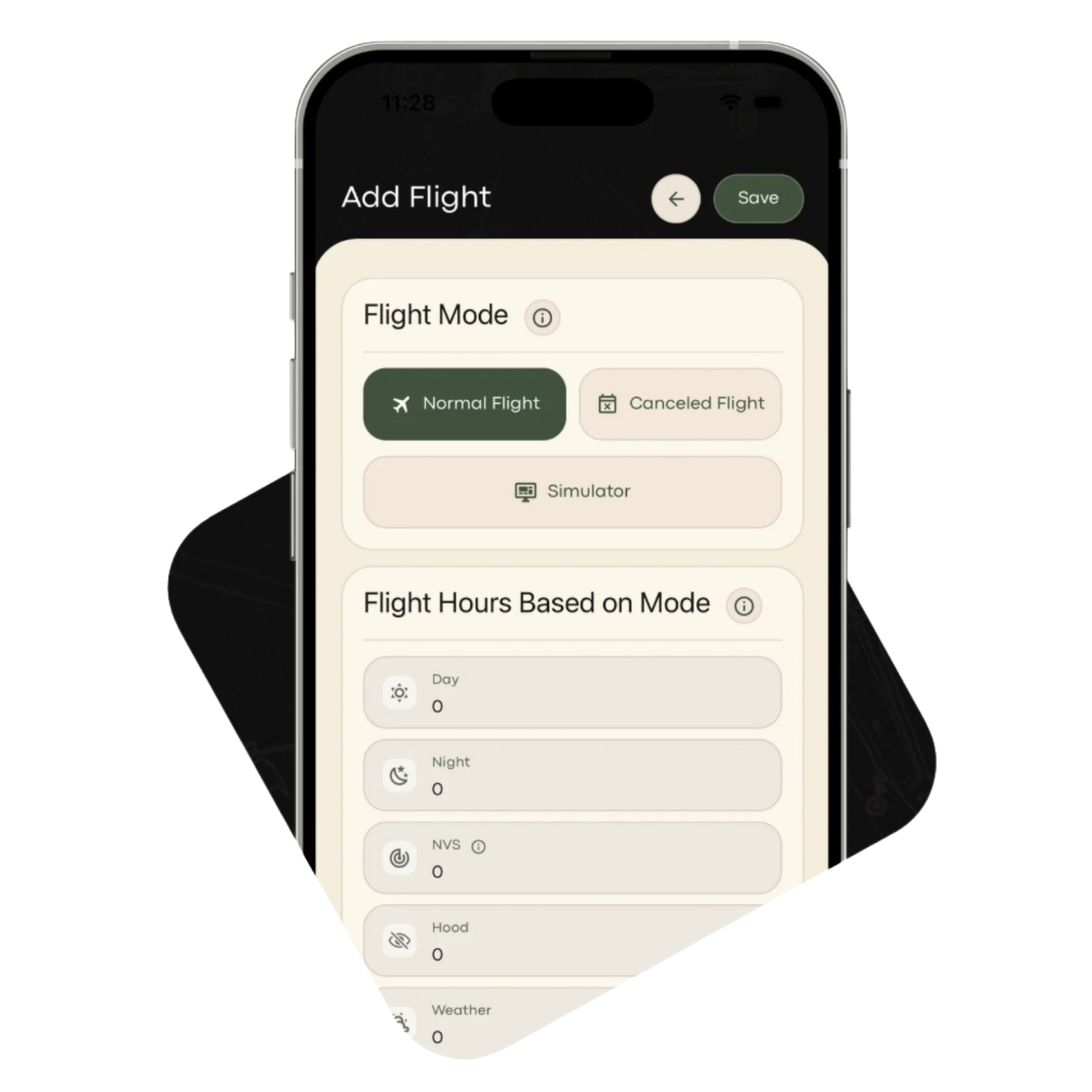 Army Flight Logbook interface showing aircraft flight and simulator entry options