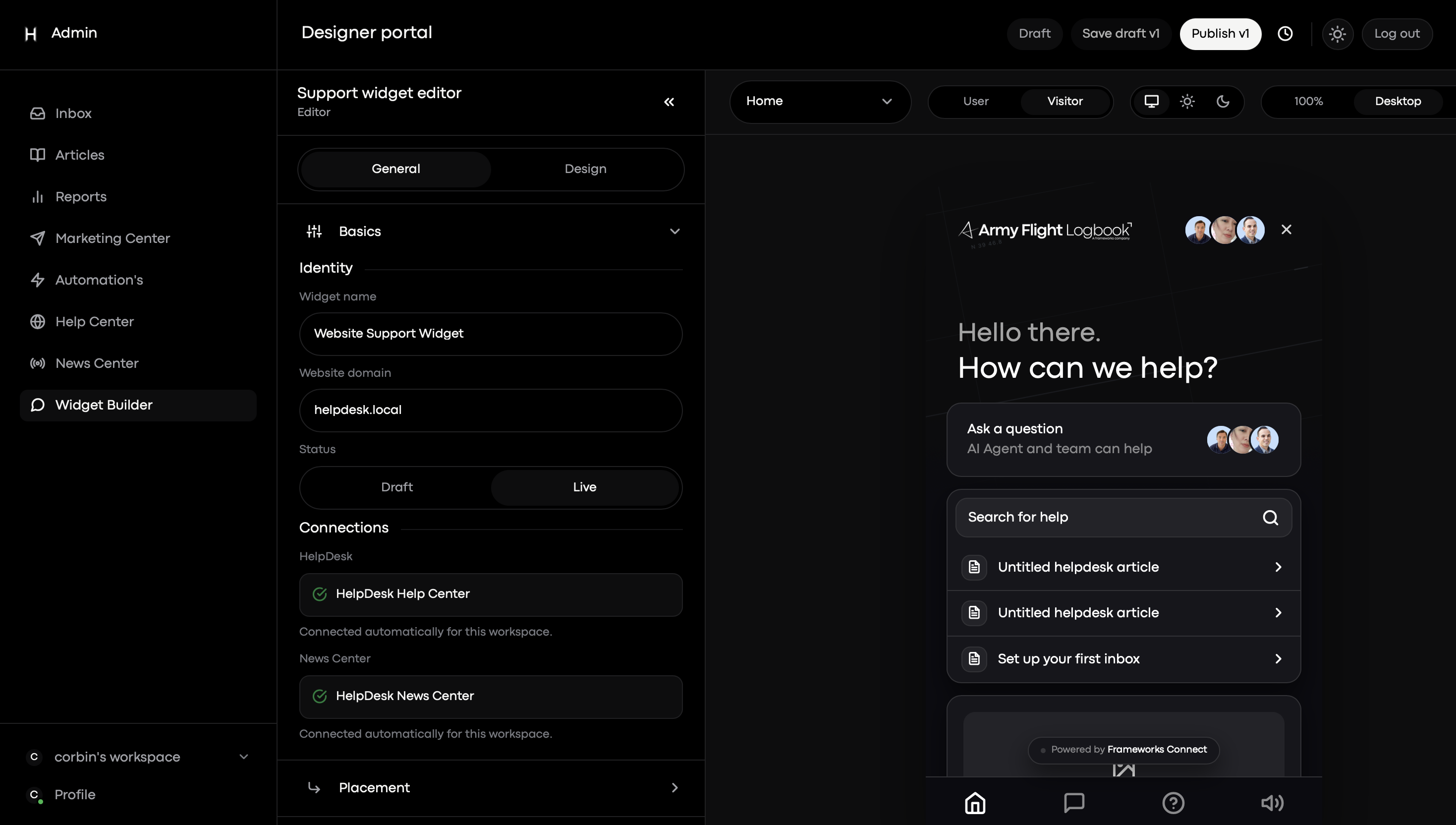 Designerportal von Frameworks Connect mit Supportwidget-Einstellungen und einer Livevorschau des Kundensupports